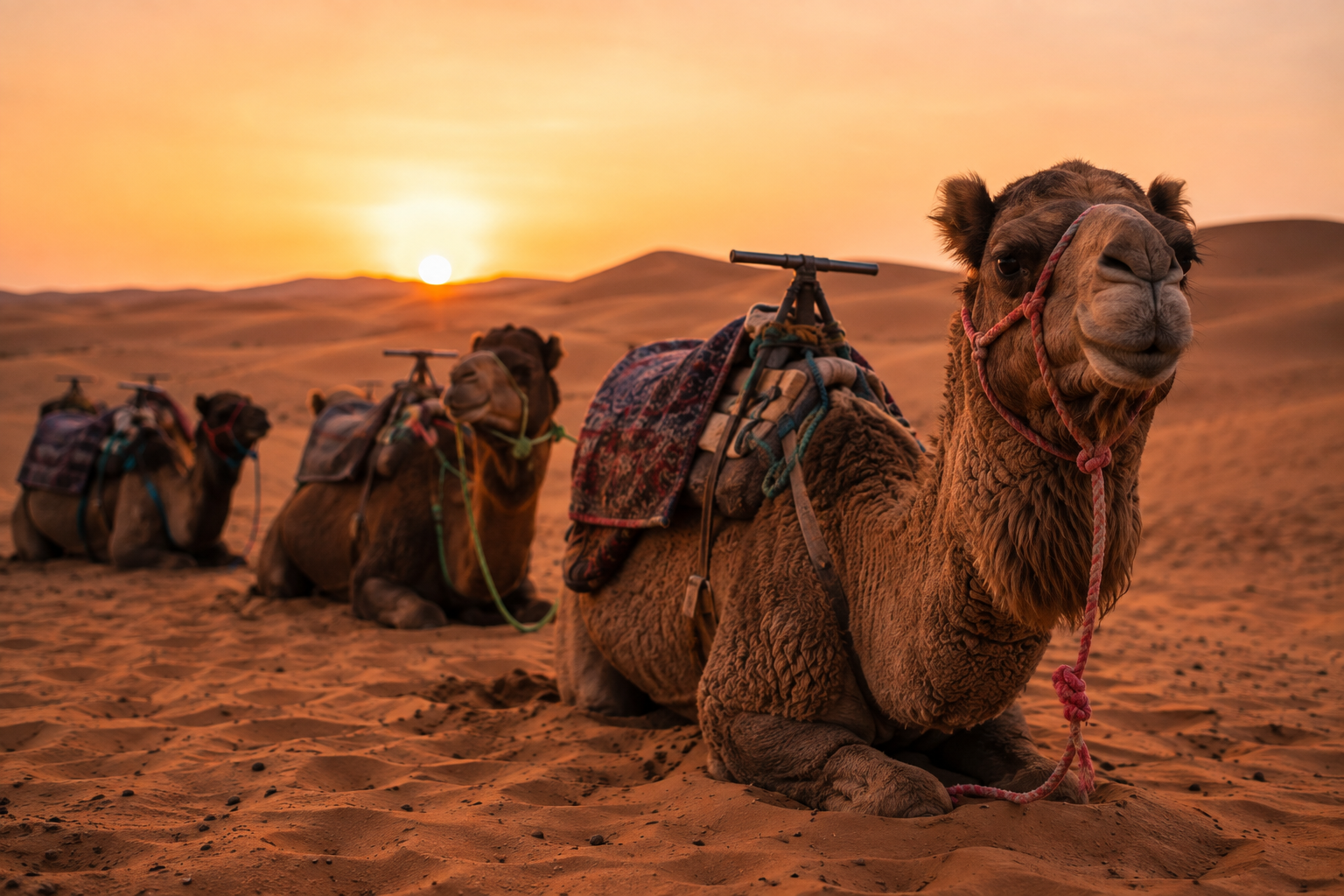 Image 6 août 2026, 13_28_12 Saddled camels resting in the sand at sunset before a Merzouga trek