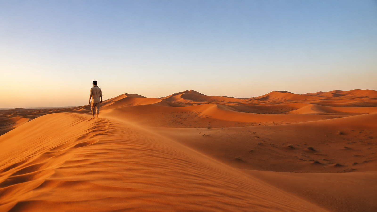 Solitary traveler walking barefoot across Erg Chebbi’s golden sand dunes near Merzouga at sunset.
