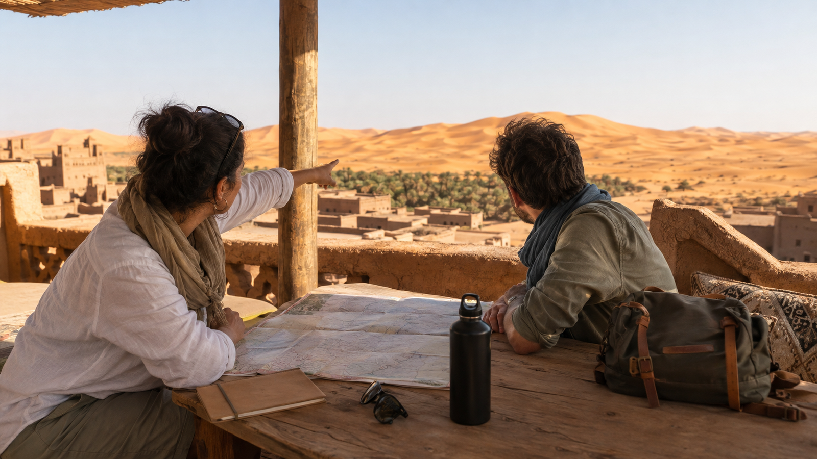 Travelers planning their Erg Chebbi visit with a map overlooking Merzouga’s golden dunes.