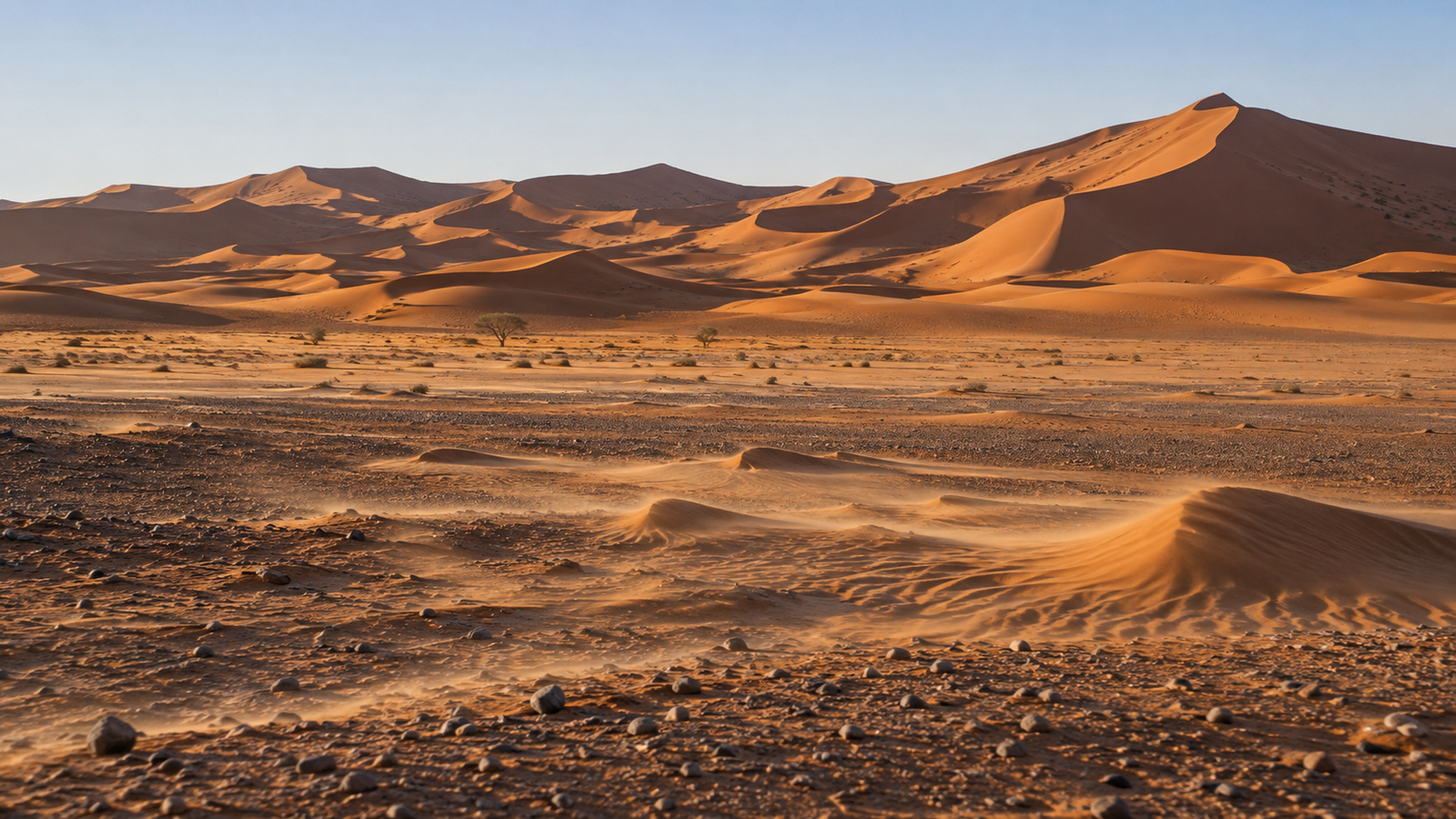 Wind carries sand across the rocky desert, gradually forming Erg Chebbi’s golden dunes near Merzouga.