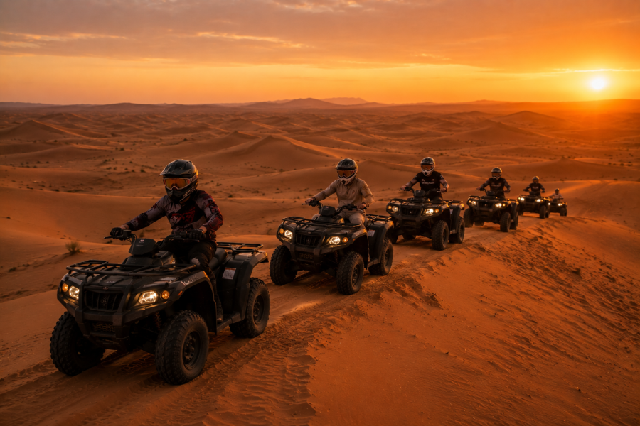 A line of quad bikes crossing a dune ridge during a Merzouga desert safari