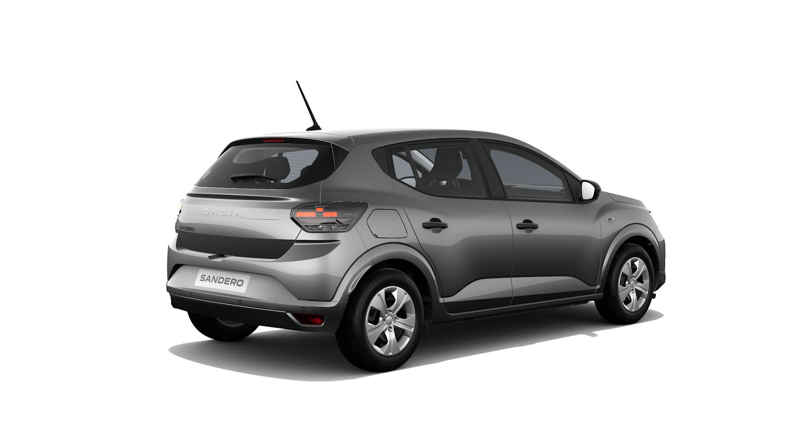 Gray Dacia Sandero rental hatchback, rear three-quarter studio view