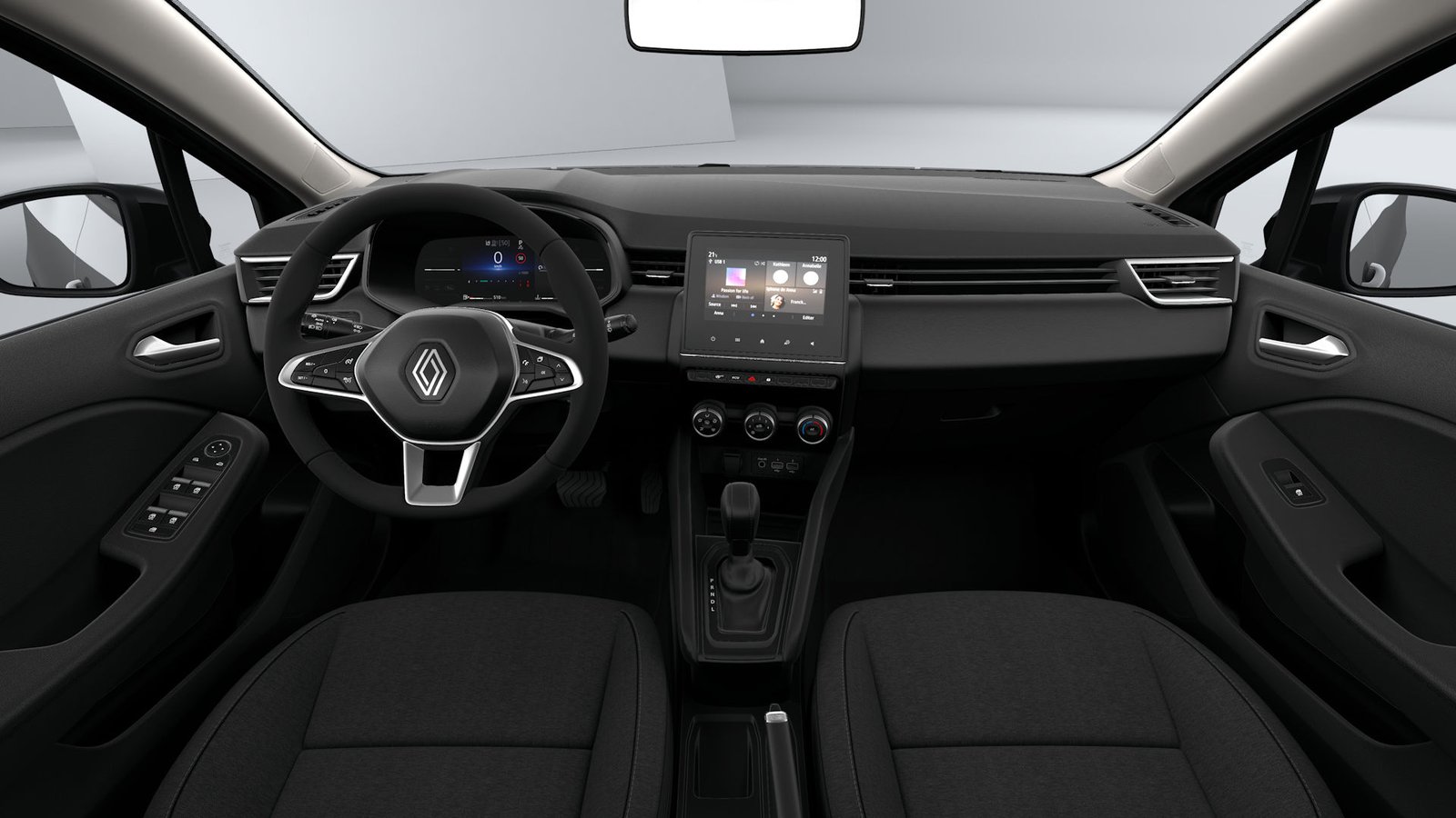 Manual transmission gear stick and dashboard of the Renault Clio 5 rental car