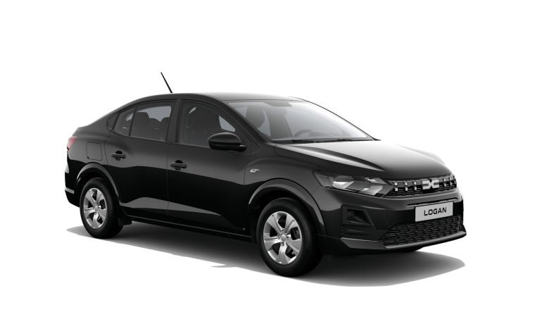 Black Dacia Logan rental sedan, front three-quarter studio view