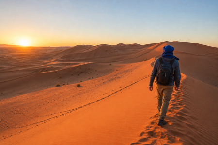 Best Time to Visit Merzouga with Erg Chebbi dunes at sunset