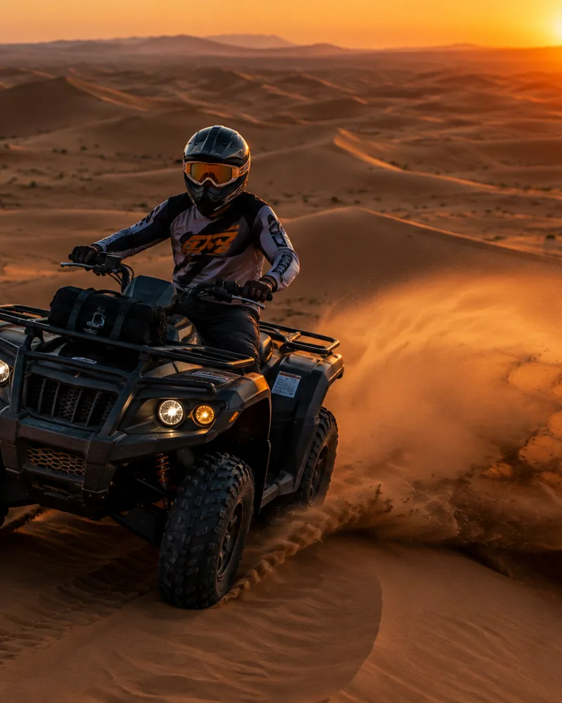 Quad rider kicking up sand while crossing a Sahara dune at sunset, quad biking in Merzouga