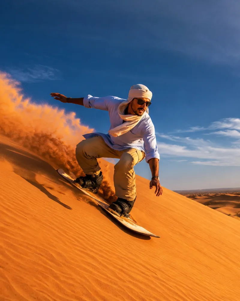 Sandboarder riding down a steep golden Sahara dune in a cloud of sand, sandboarding in Merzouga